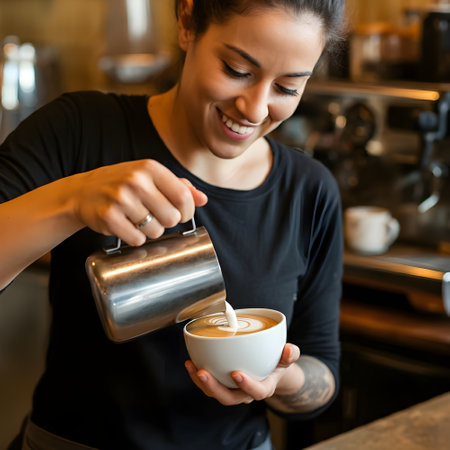 Portrait of a beautiful latte art woman pouring milk into a cupの素材