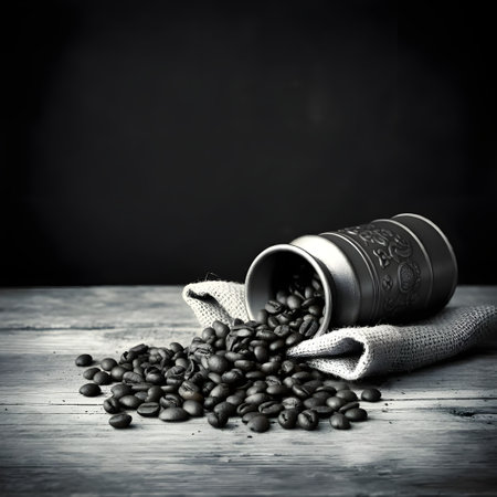 coffee beans on wooden table, black and white color tone styleの素材