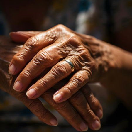 Close up of hands of an elderly woman and a young man.の素材