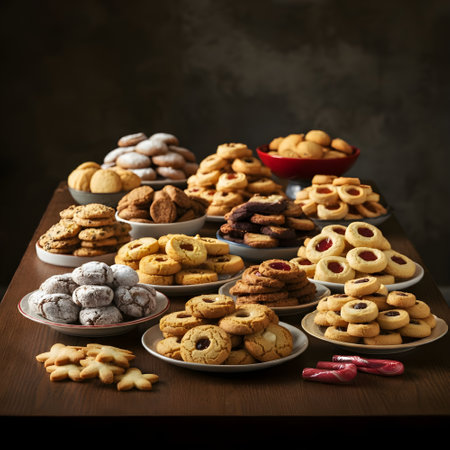 Assorted cookies on a wooden table. Vintage style toned pictureの素材