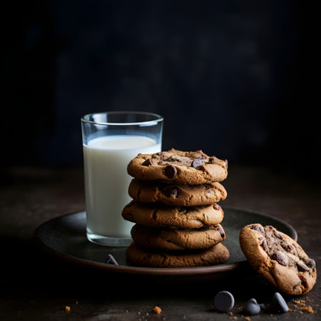 Chocolate chip cookies and a glass of milk on a dark backgroundの素材