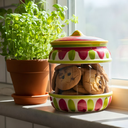 Cookies in a jar on the windowsill. Selective focus.の素材