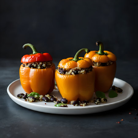 Stuffed peppers with bulgur, quinoa and vegetables on black backgroundの素材