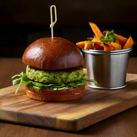 Vegetarian burger with pumpkin and arugula on wooden boardの素材