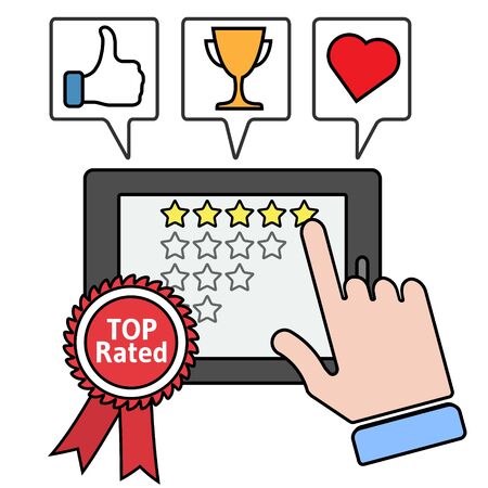 Pointing to a tablet with five star on the screen. Rating and review thin line illustration. Top rated app concept. Thumb up, trophy cup, heart icons.のイラスト素材