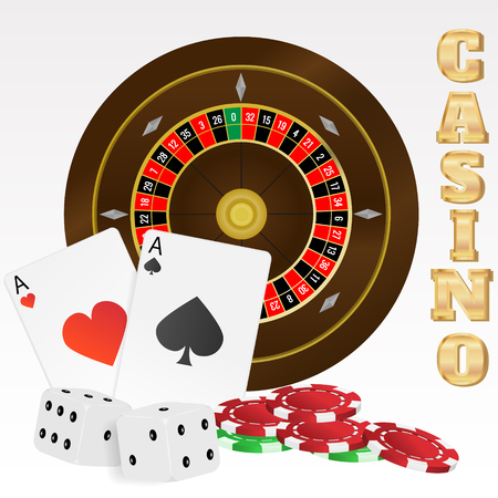 Illustration of casino elements (cards, roulette, chips, dices) on white background.のイラスト素材