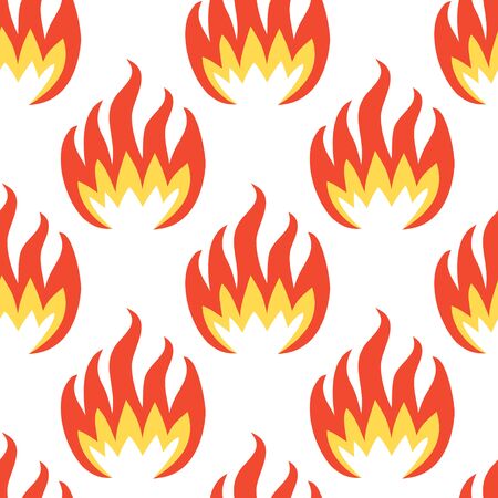 Orange and yellow fire symbols seamless pattern isolated on white background.  Spurts of flame. Retro style vector illustration. Design for wallpaper or wrapping paper.のイラスト素材