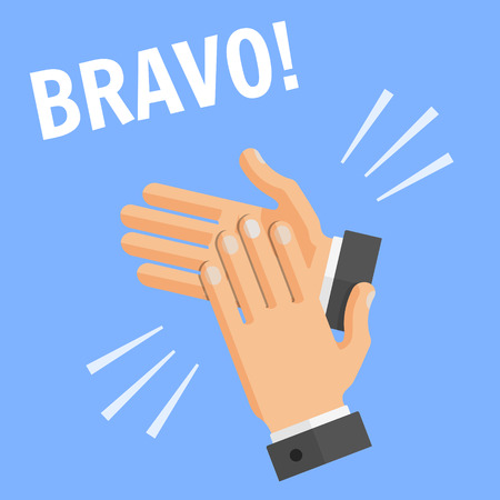 Vector flat style concept of success illustration on blue background with text - bravo. Hands palm applause, clapping.のイラスト素材
