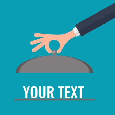 Waiter hand with cloche lid cover. Open serve plate flat design vector illustration.のイラスト素材