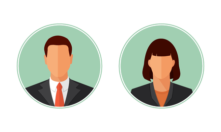Business man and woman avatars, portraits. Flat style design vector circle illustration isolated on white. Male and female icon set.のイラスト素材