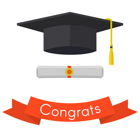 Black graduation cap and diploma. Vintage red ribbon with invitation. Vector flat illustration iIsolated on white background.のイラスト素材