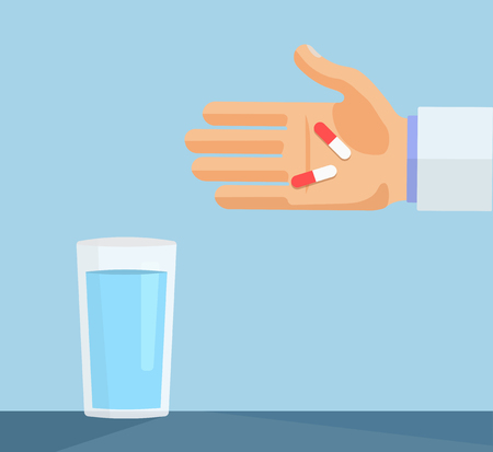 Hand with Pills and Glass of Water Medical Concept Flat Illustrationのイラスト素材