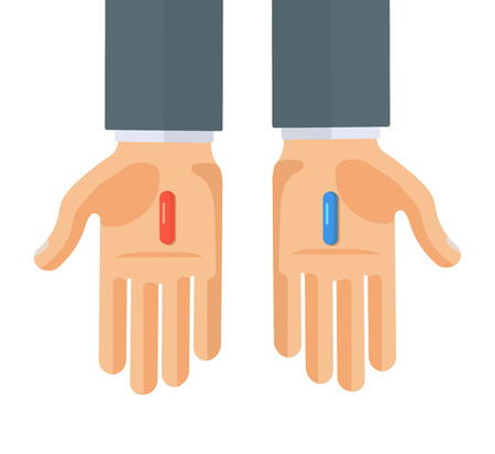 Flat Style Vector Illustration of Hands with Red and Blue Pillsのイラスト素材