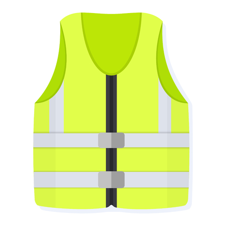 Flat style vector illustration of yellow reflective safety vest in front view isolated on white. Work life jacket icon.のイラスト素材