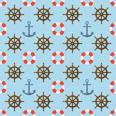 Seamless flat style vector nautical pattern with anchor, steering wheel, life buoy on blue background.のイラスト素材