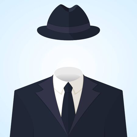 Anonymous or invisible man in a suit and in a fedora hat. Flat style colorful vector concept illustration icon on light blue background.のイラスト素材