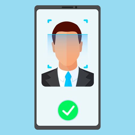 Face ID recognition and identification system. Scanning process man's face on the screen mobile phone. Biometric identification app. Flat style vector concept illustration isolated on blue bacground.のイラスト素材