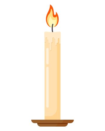 Colorful burning candle in candlestick. Flat cartoon style vector illustration icon isolated on a white background.のイラスト素材