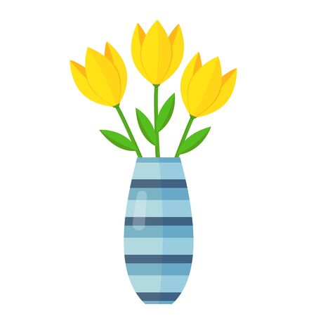 Bouquet of yellow tulip flowers in a vase. Flat style colorful vector illustration icon isolated on a white background.のイラスト素材