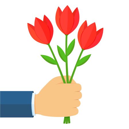 Businessman hand holding a bouquet of red tulip flowers. Flat cartoon style vector colorful illustration isolated on white background.のイラスト素材