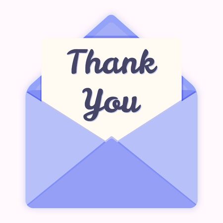 White paper sheet with Thank You text in the purple opened envelope. Flat style vector illustration icon isolated on a monochrome background.のイラスト素材
