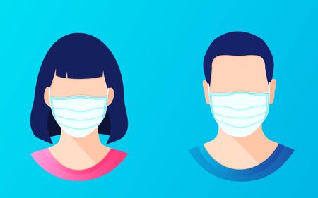 Woman and man wearing in medical protection face masks. Flat style vector illustration icon on a blue background.のイラスト素材