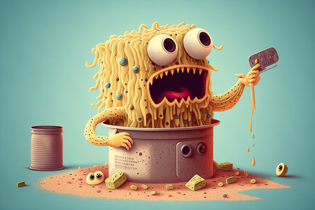 An evil and scary macaroni monster comes out of the plate and shows his grin. Generative AI illustration.の写真素材