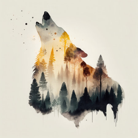 Double exposure howling wolf and a forest. Generative AI illustration.