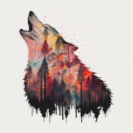 Double exposure howling wolf and a forest. Generative AI illustration.