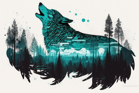 Double exposure howling wolf and a forest. Generative AI illustration.