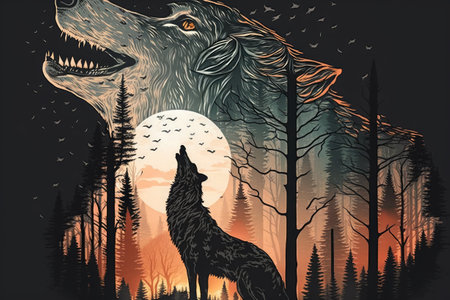 Double exposure howling wolf and a forest. Generative AI illustration.