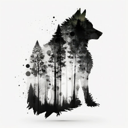 Duuble exposure wolf and a forest. Generative AI illustration.