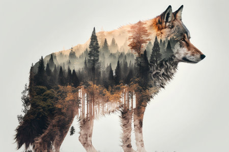 Duuble exposure wolf and a forest. Generative AI illustration.