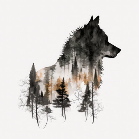 Duuble exposure head wolf and a forest. Generative AI illustration.