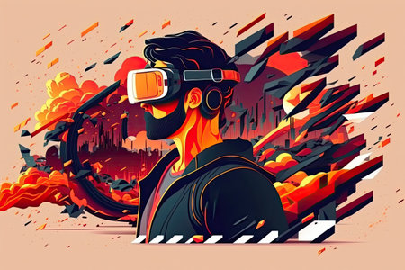 VR and AR technology futuristic concept. Man wearing virtual reality glasses. AI generative flat style illustration. Duuble exposure wolf and a forest. Generative AI illustration.の写真素材