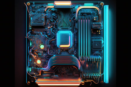 Hardware technology concept in neon light. Motherboard in blue-red light. Computer component....