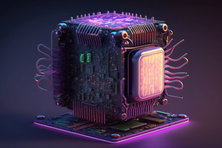 Neon Lighting CPU on the Motherboard Generative AI Illustration.