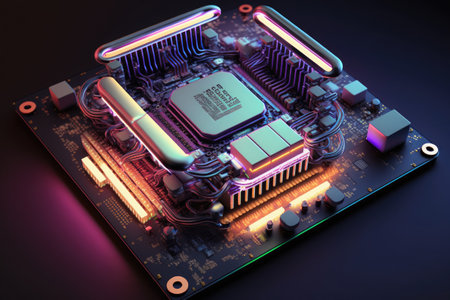 Neon Lighting CPU on the Motherboard Generative AI Illustration.