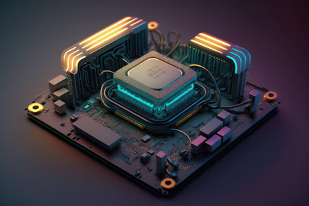 Neon Lighting CPU on the Motherboard Generative AI Illustration.