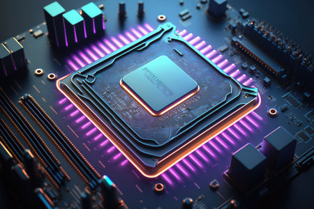 Neon Lighting CPU on the Motherboard Generative AI Illustration.