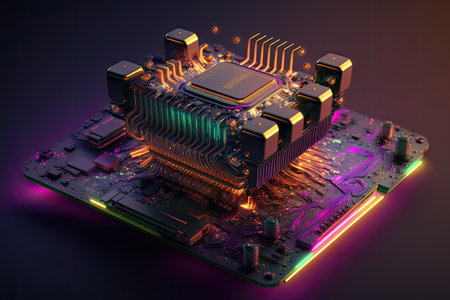 Neon Lighting CPU on the Motherboard Generative AI Illustration.