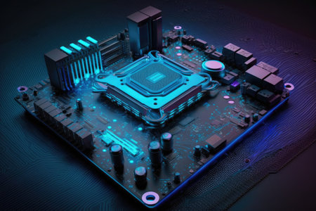 Circuit board. Central computer processors CPU and GPU concept. Motherboard digital chip in blue...