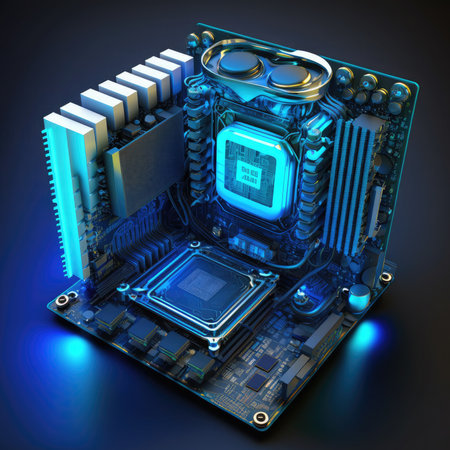 Circuit board. Central computer processors CPU and GPU concept. Motherboard digital chip in blue...