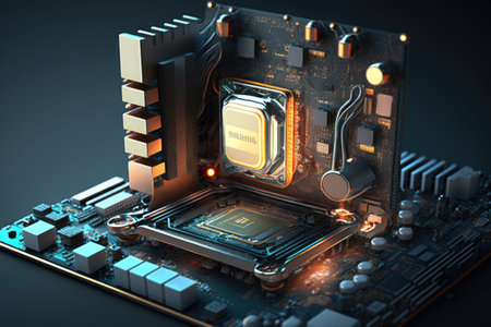 Soft lighting CPU on the motherboard, generative AI technology illustration.