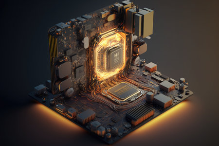 Soft lighting CPU on the motherboard, generative AI technology illustration.