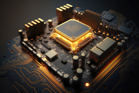 Soft lighting CPU on the motherboard, generative AI technology illustration.の写真素材
