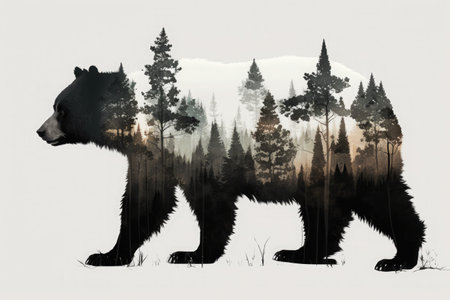 Double exposure of a black bear and forest. Generative AI illustration.の写真素材