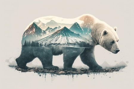 Double exposure of a polar bear in the Arctic and a frozen snow-covered mountain landscape. Generative AI illustration.の写真素材