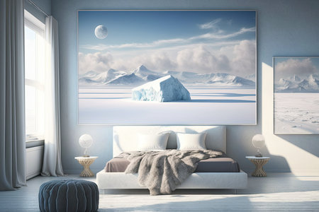 Interior of a room with a bed and a huge picture of an Arctic landscape above it.の写真素材