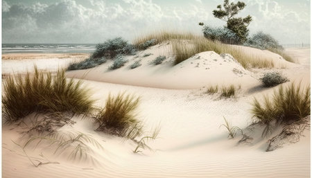 A beach sand dune hills with sea in background. Generative AI illustration.の素材